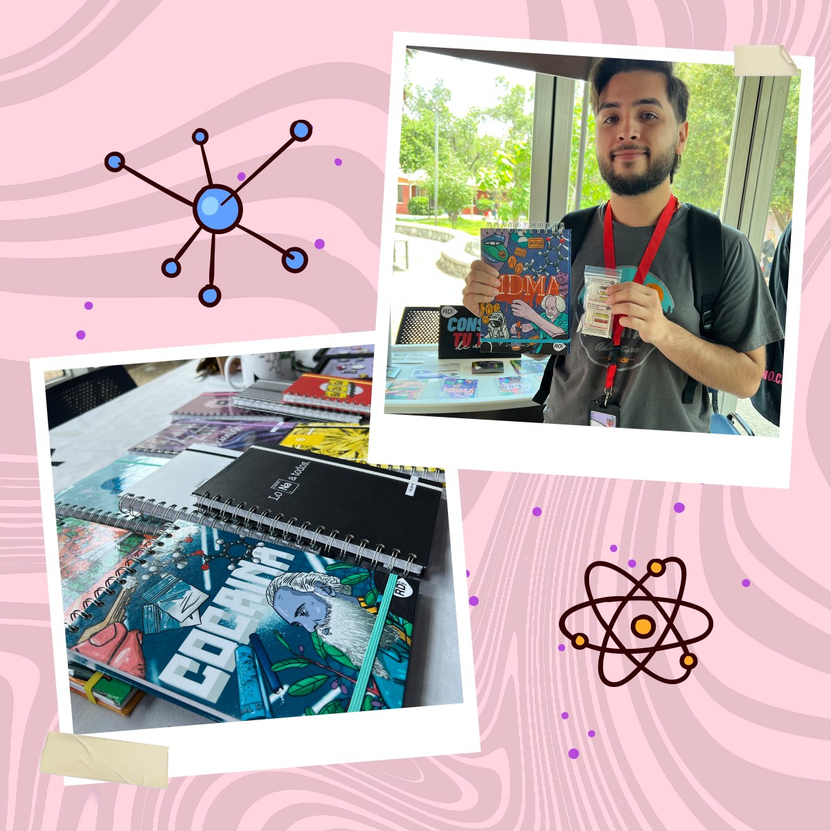 Integrante de Reduciendo Daño mostrando uno de los cuadernos educativos en el stand del CONEQyF 2022.