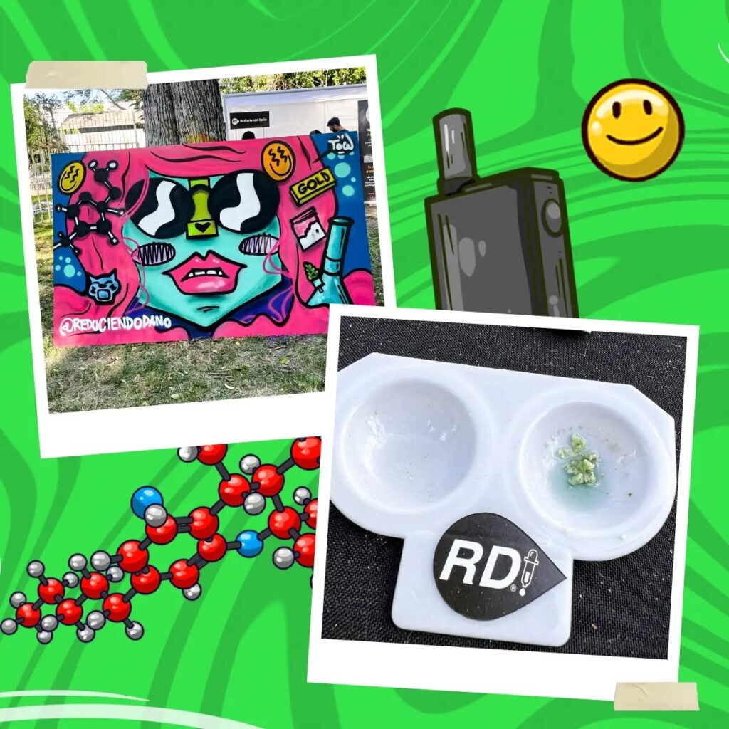 Mural de Reduciendo Daño y bandeja de testeo con una muestra, Expoweed 2022.