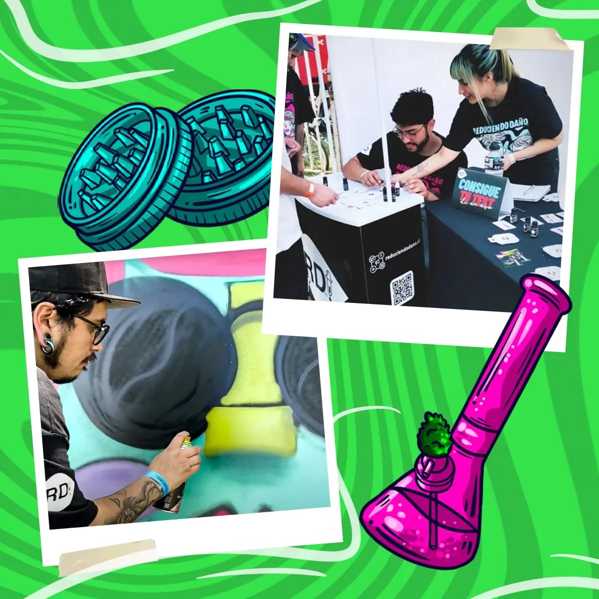 Integrantes de Reduciendo Daño aplicando reactivos de color a una muestra en Expoweed 2022.