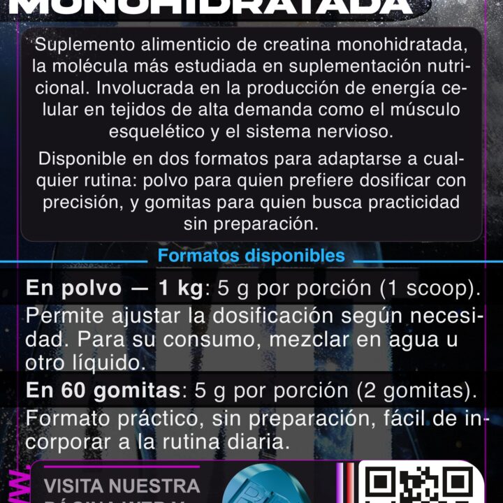 Flyer informativo de Creatina Monohidratada RD: formatos en polvo 1 kg y 60 gomitas, 5 g por porción