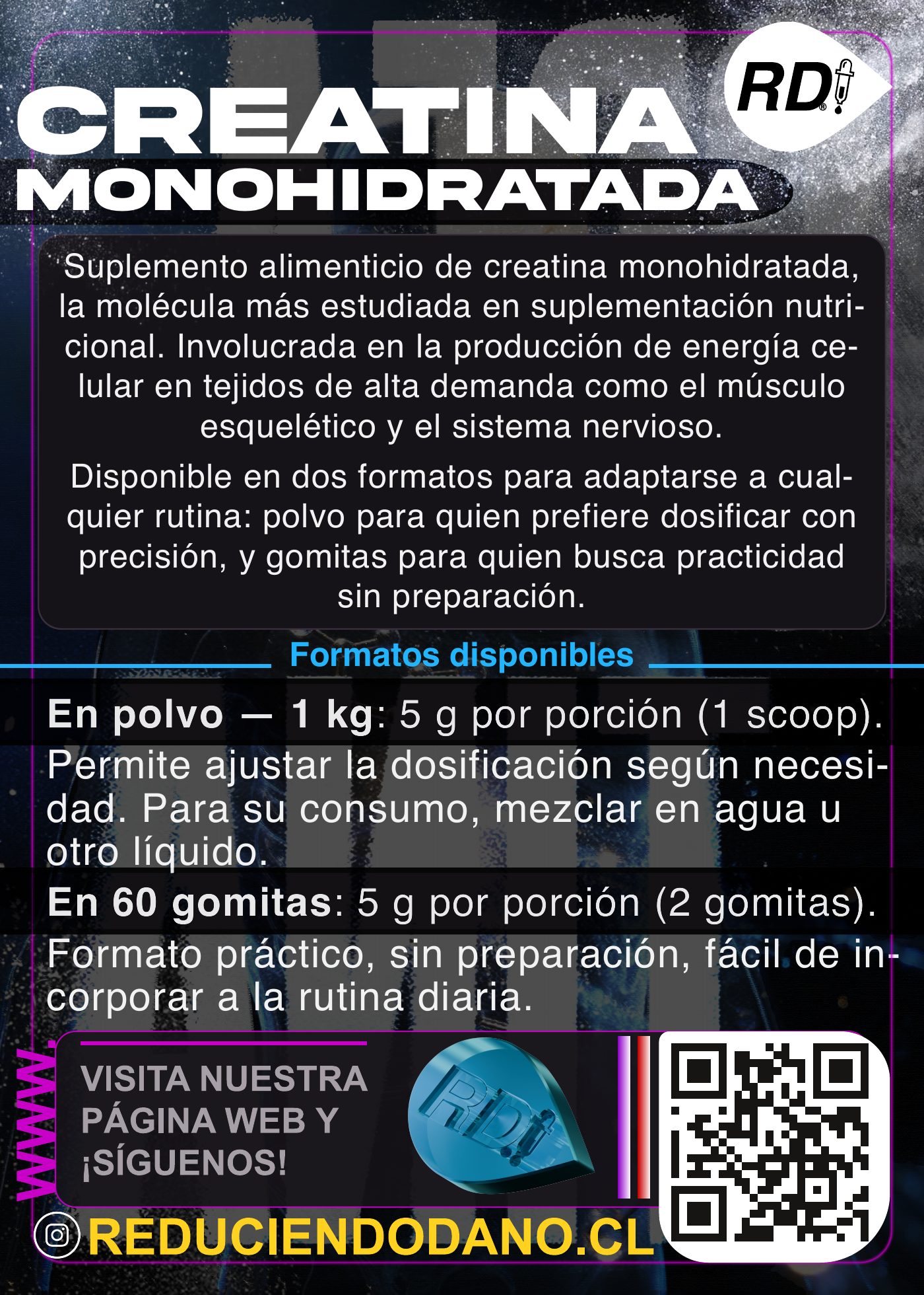 rd-flyer-creatina-info Flyer informativo de Creatina Monohidratada RD: formatos en polvo 1 kg y 60 gomitas, 5 g por porción