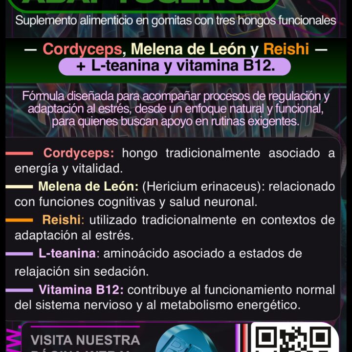 Flyer informativo de Hongos Adaptógenos RD en gomitas: Cordyceps, Melena de León, Reishi, L-teanina y vitamina B12