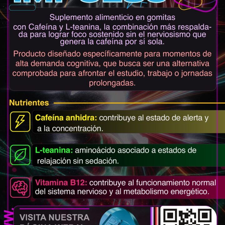 Flyer informativo de Impulso RD en gomitas: cafeína anhidra, L-teanina y vitamina B12