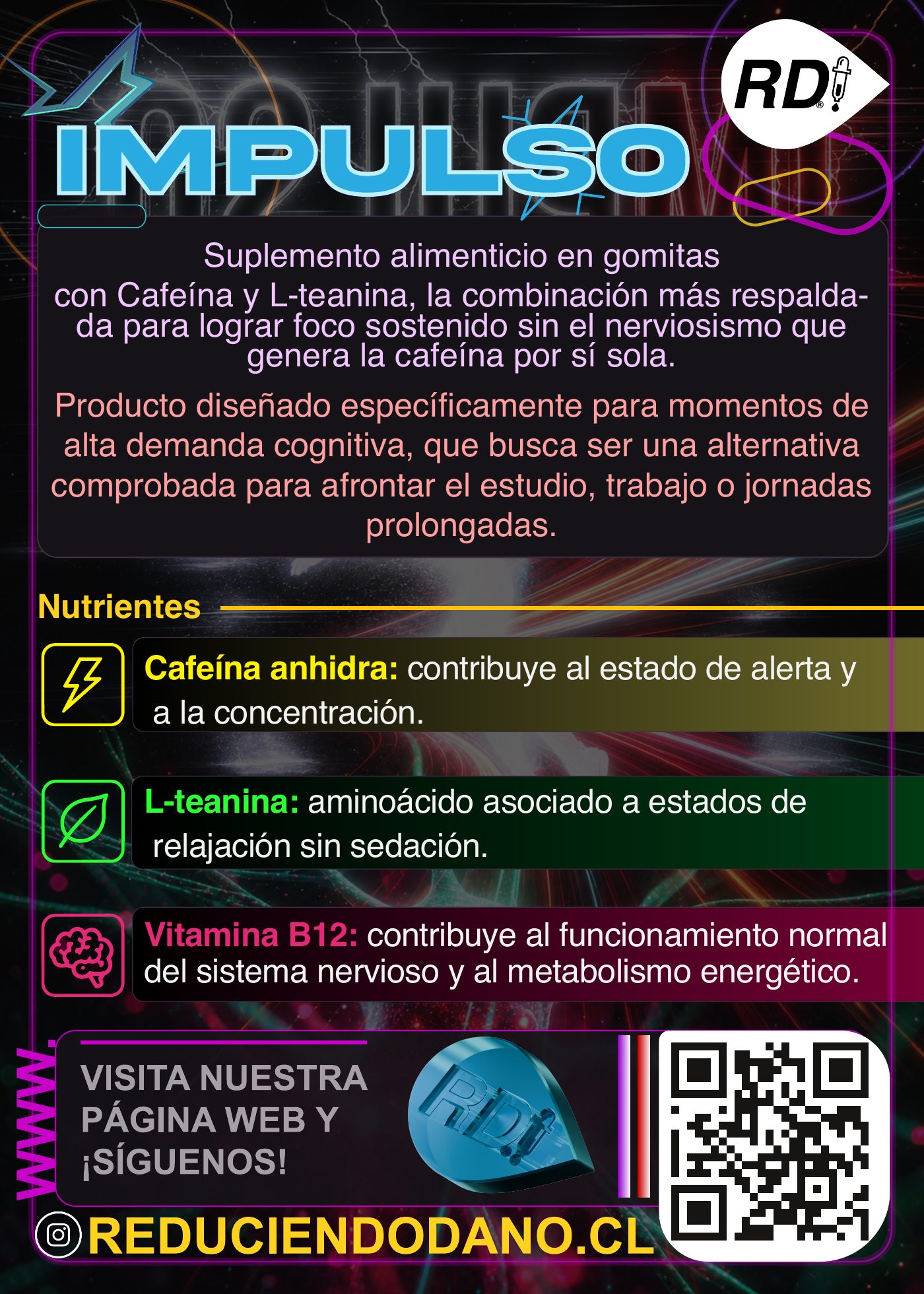 rd-flyer-impulso-info Flyer informativo de Impulso RD en gomitas: cafeína anhidra, L-teanina y vitamina B12