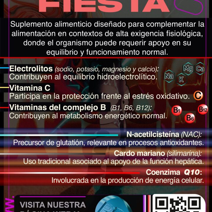 Flyer informativo de Post Fiesta RD: electrolitos, vitamina C, complejo B, NAC, cardo mariano y coenzima Q10