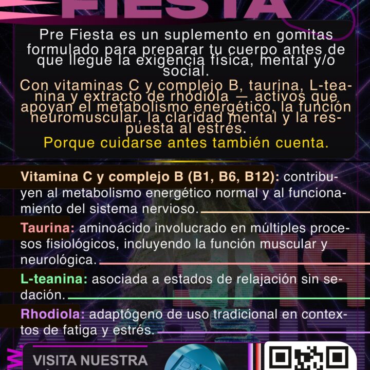 Flyer informativo de Pre Fiesta RD en gomitas: vitaminas C y complejo B, taurina, L-teanina y rhodiola