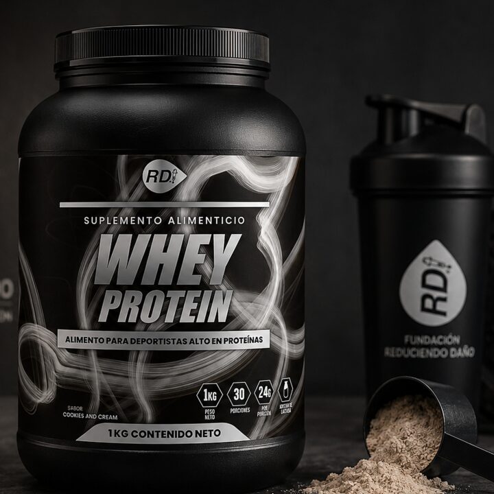 Whey Protein Cookies & Cream 1kg — tarro de proteína, Reduciendo Daño