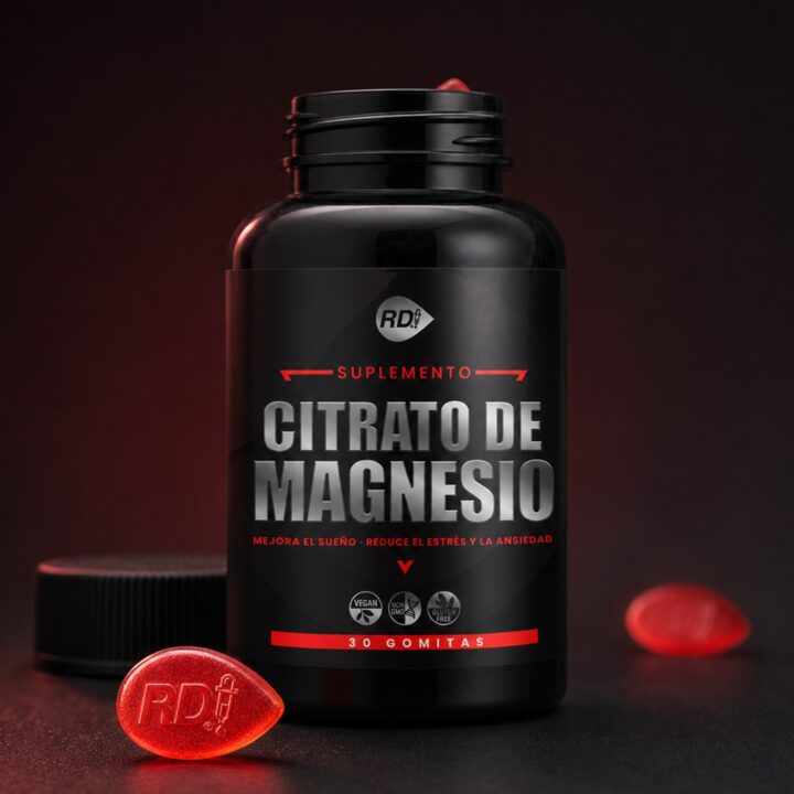 Frasco abierto de Citrato de Magnesio con gomitas RD rojas en escena nocturna