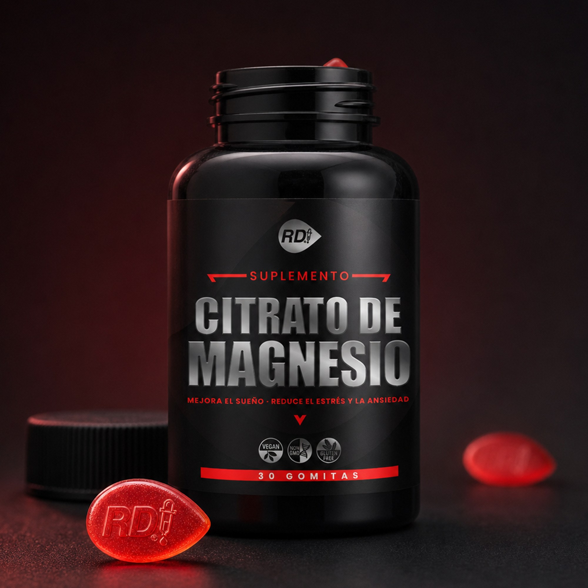 citrato-de-magnesio-cinematica-v1 Frasco abierto de Citrato de Magnesio con gomitas RD rojas en escena nocturna