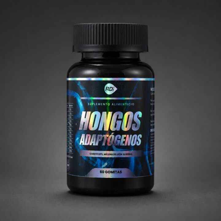 Frasco real de Hongos Adaptógenos RD con etiqueta iridiscente teal, 60 gomitas