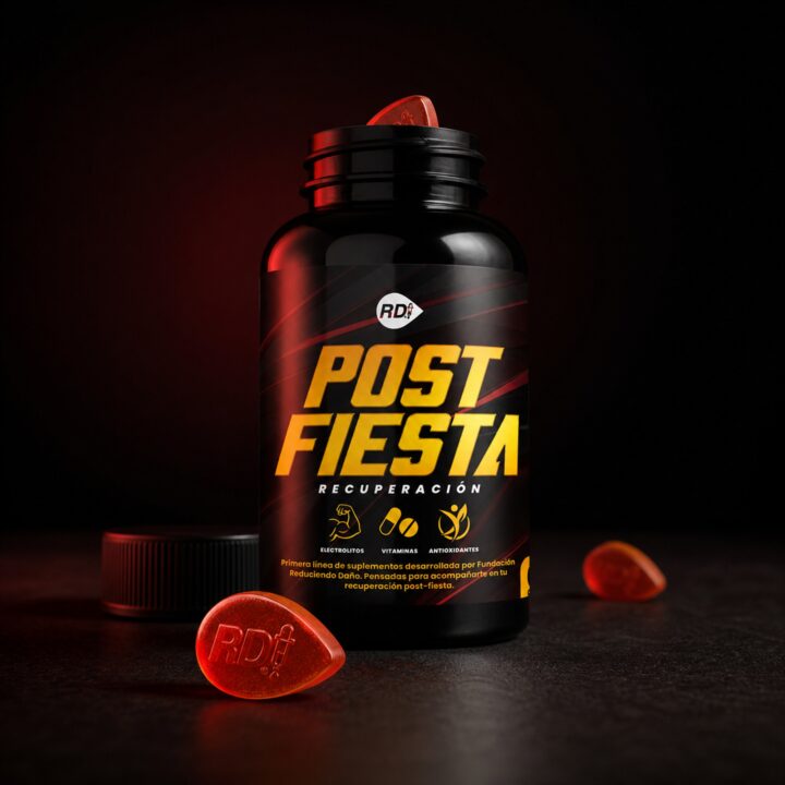 Frasco abierto de Post Fiesta con gomitas RD rojas en escena nocturna
