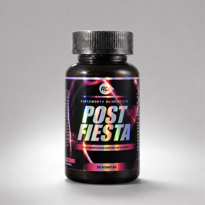 Frasco real de Post Fiesta RD con etiqueta holográfica magenta, 30 gomitas