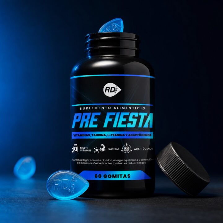 Frasco abierto de Pre Fiesta con gomitas RD azules en escena nocturna