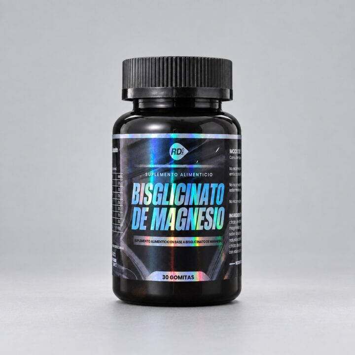 Bisglicinato de Magnesio en Gomitas — frasco sobre fondo gris claro, Reduciendo Daño