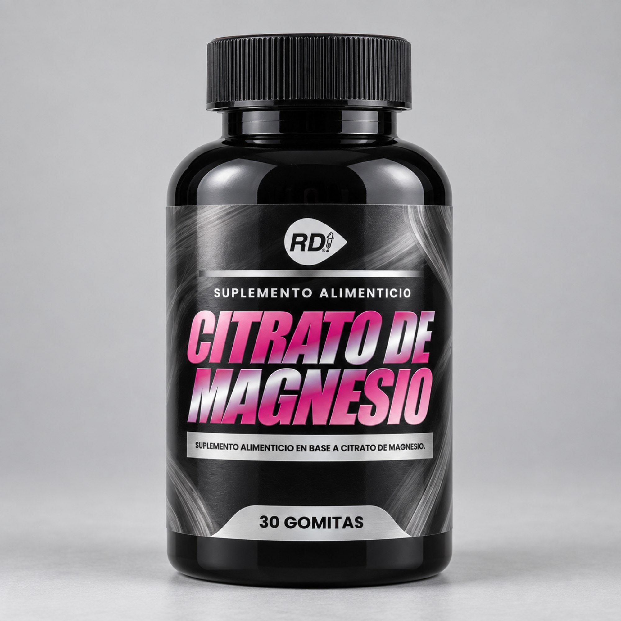 Citrato de Magnesio - portada realista Frasco de Citrato de Magnesio con 30 gomitas de Suplementos RD