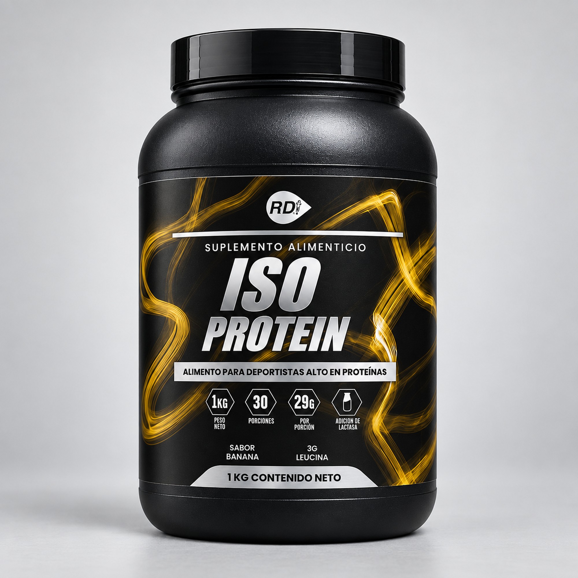 ISO Protein Banana 1 kg — imagen principal realista ISO Protein Banana 1 kg — pote frontal realista, Reduciendo Daño