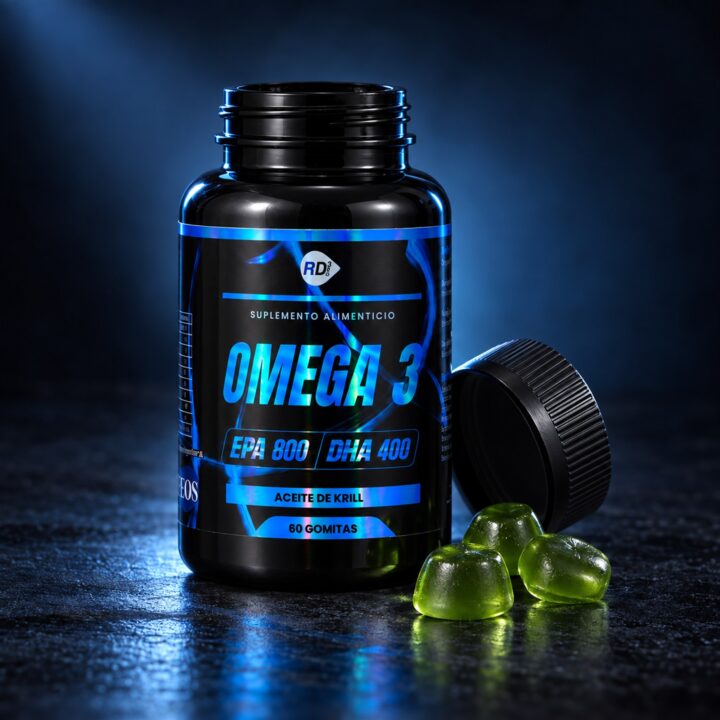 Frasco abierto de Omega 3 de Krill acompañado por gomitas verdes