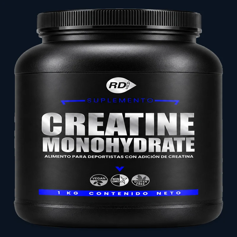 Envase completo de creatina monohidratada RD con espacio alrededor.