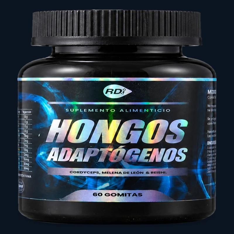 Frasco completo de Hongos Adaptógenos RD mostrado con espacio alrededor.