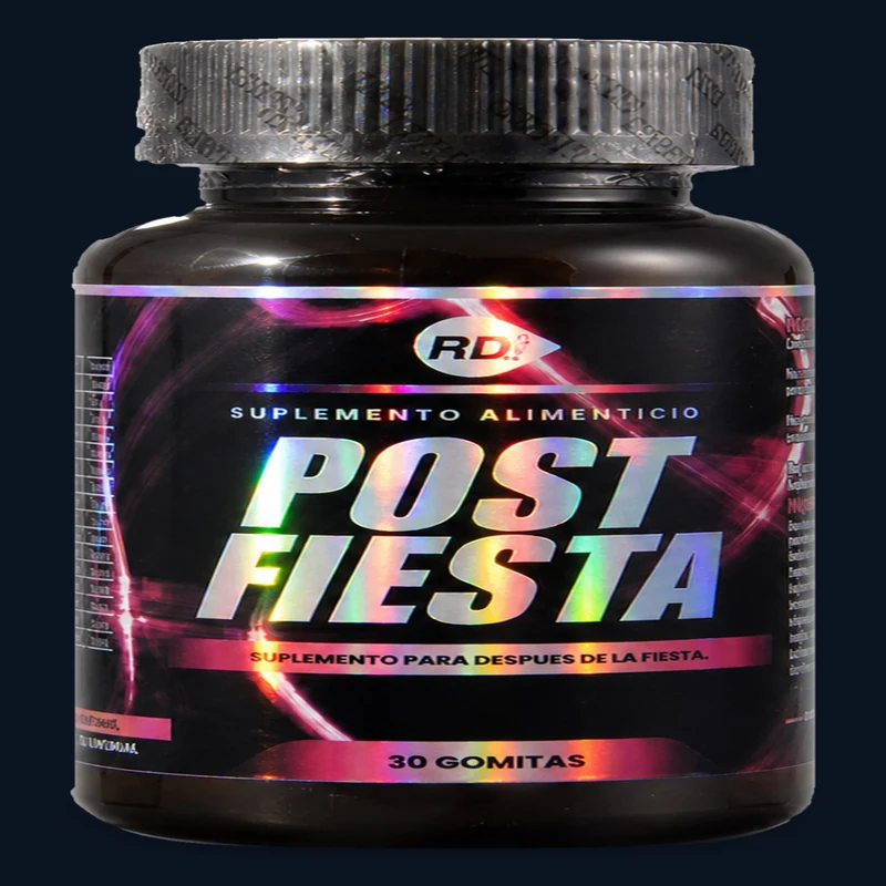 Frasco de Post Fiesta RD, ilustración de una formulación con varios ingredientes.