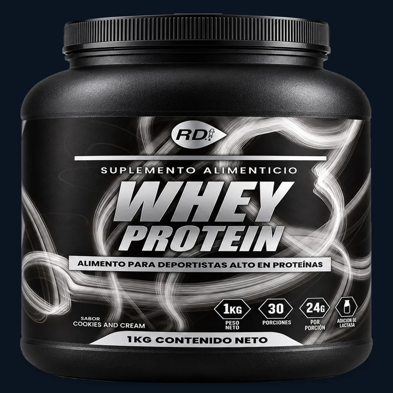 Bolsa completa de Whey Protein RD mostrada a escala contenida.