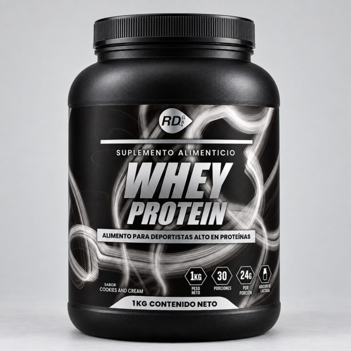 Whey Protein Cookies and Cream 1 kg — pote frontal realista, Reduciendo Daño