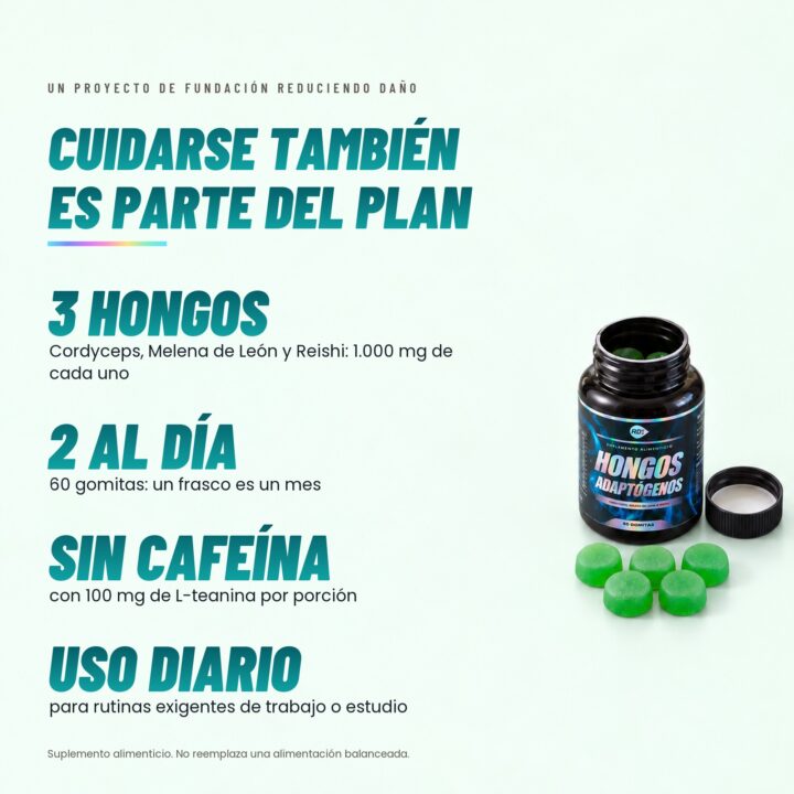 Cuidarse también es parte del plan: tres hongos con 1.000 mg de cada uno, 2 gomitas al día, sin cafeína, uso diario