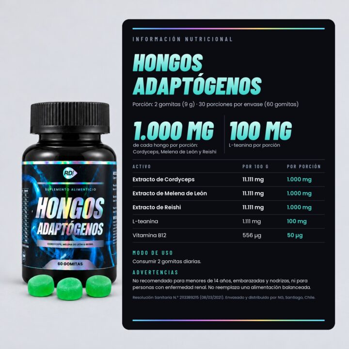 Información nutricional de Hongos Adaptógenos por porción de 2 gomitas (9 g): 1.000 mg de Cordyceps, de Melena de León y de Reishi, 100 mg de L-teanina y 50 µg de vitamina B12