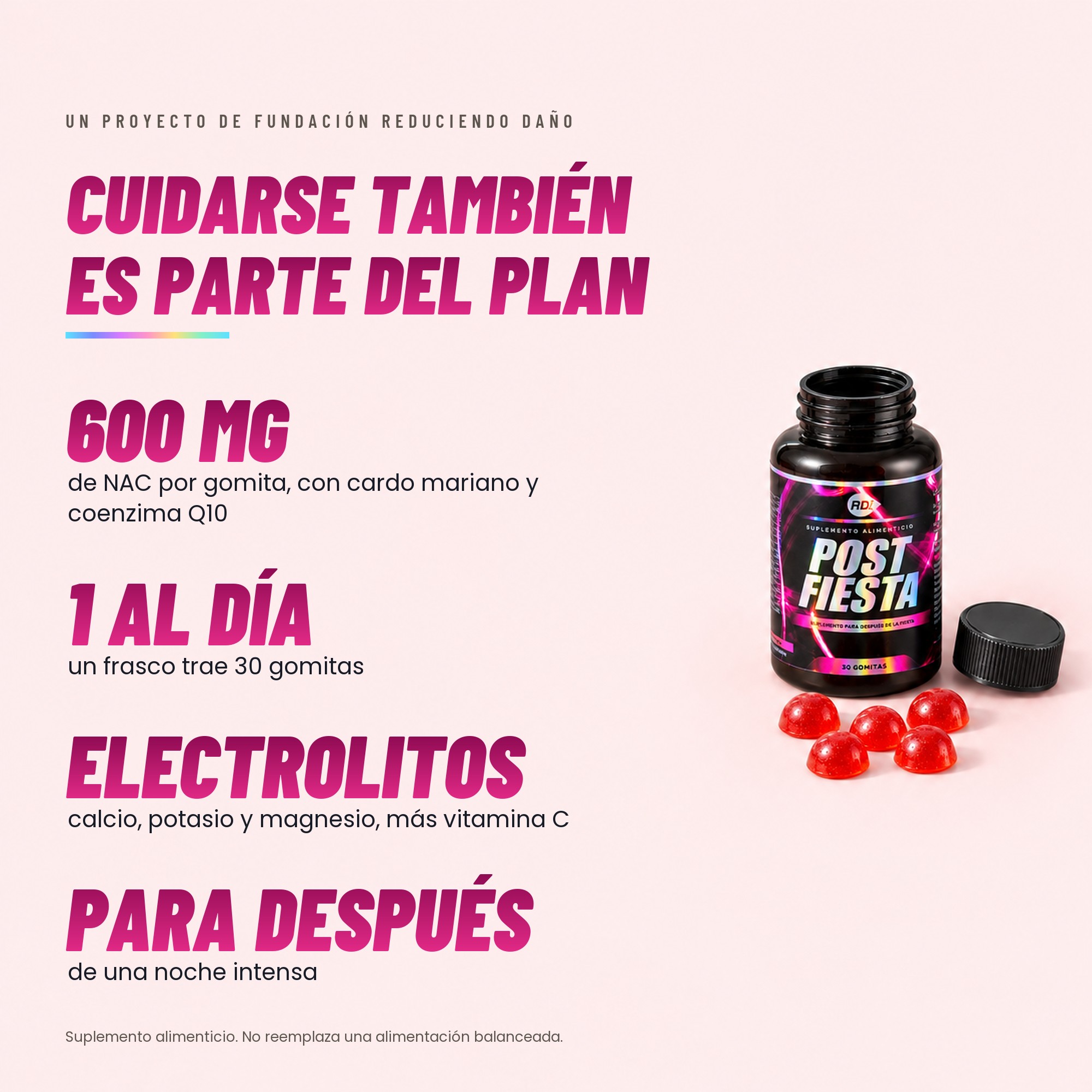 Post Fiesta: de un vistazo Cuidarse también es parte del plan: 600 mg de NAC por gomita, 1 al día, electrolitos, para después de una noche intensa